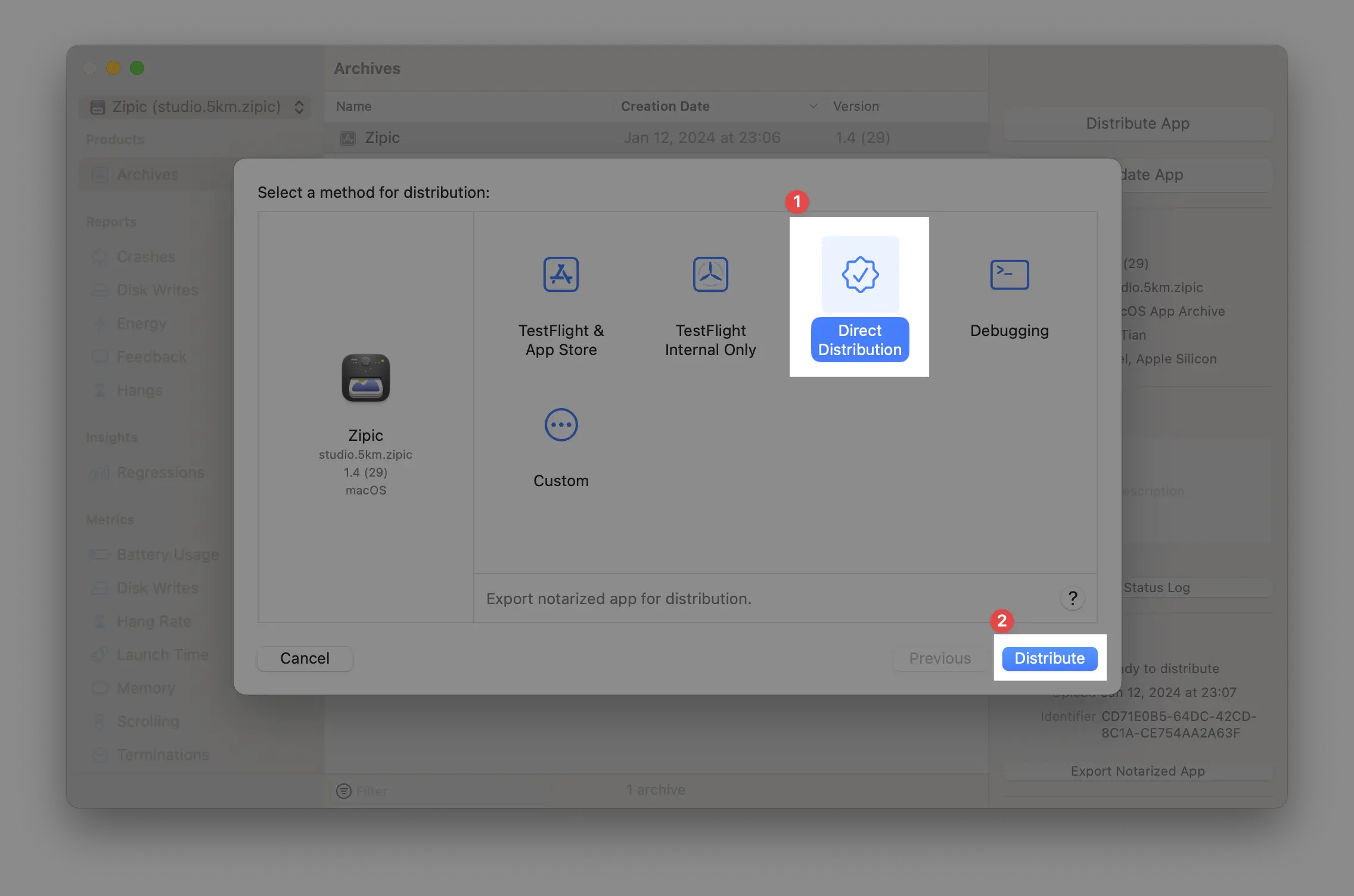 Direct Distribute to notarize app